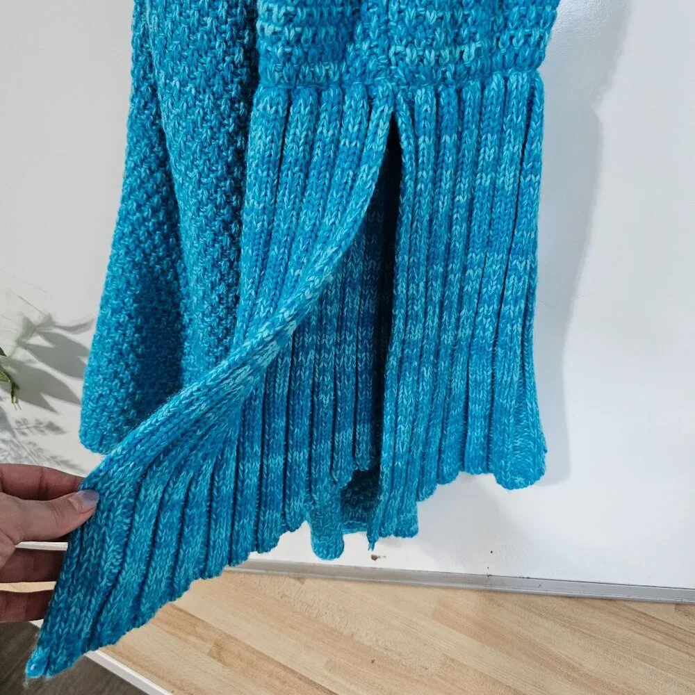 Adult Mermaid Tail Blanket Blue Knit Crochet Style Sleep Sack Loungewear 70in